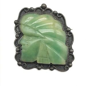 Vintage 925 Sterling Large Carved Jade Tribal Indian Face Brooch Pin